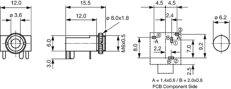 4832.2320 - , PCB terminals, screened, 3-pole, Audio Plug/Sockets, 3.5 mm