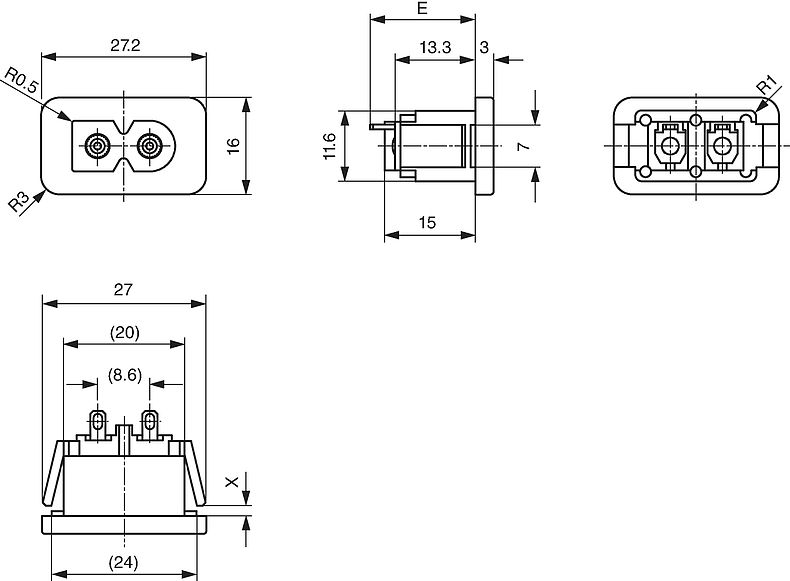 2579 - IEC Appliance Inlet C8 polarized, Snap-in Mounting, Front Side ...