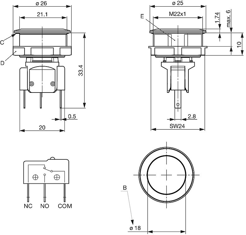 MSM 22 - Metal Switch Medium Stroke, Switching Voltage up to 250 VAC